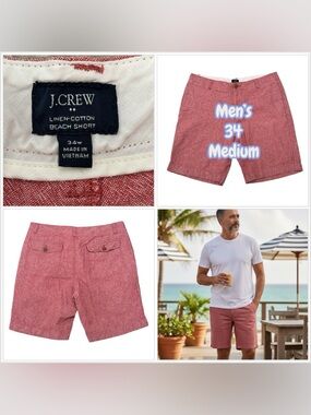 Men's J. Crew Golf 34 Medium Chino Khakis Shorts Red Linen Cotton 9” Inseam